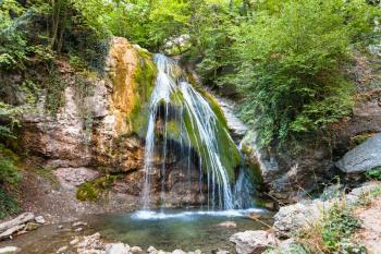 travel to Crimea - Ulu-Uzen river with Djur-djur waterfall in Haphal Gorge of Habhal Hydrological Reserve natural park in Crimean Mountains in september