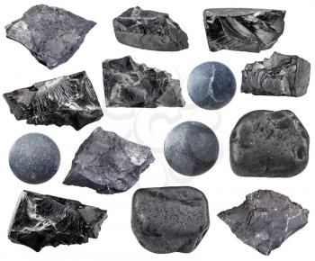collection of natural mineral specimens - various Shungite stones isolated on white background