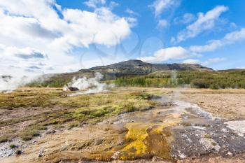 travel to Iceland - view of Haukadalur geyser area in autumn