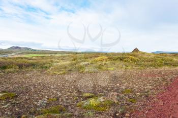 travel to Iceland - landscape with Biskupstungnabraut road near volcanic crater of Kerid lake september evening