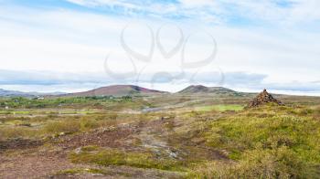 travel to Iceland - icelandic landscape with Biskupstungnabraut road near volcanic crater of Kerid lake september evening