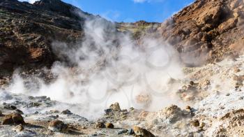 travel to Iceland - hot solfatara in geothermal Krysuvik area on Southern Peninsula (Reykjanesskagi, Reykjanes Peninsula) in september