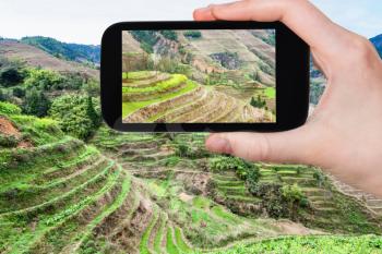 travel concept - tourist photographs terraced hills near Dazhai village in Longsheng (Dragon's Backbone, Longji) Rice Terraces county in China in spring on smartphone