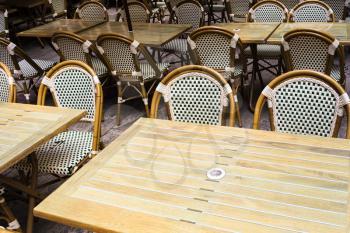 travel to France - empty tables in outdoor cafe in Troyes city