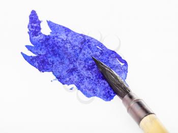 blue colored tip of paintbrush for sumi-e ( suibokuga) painting in blue blot on white paper close up
