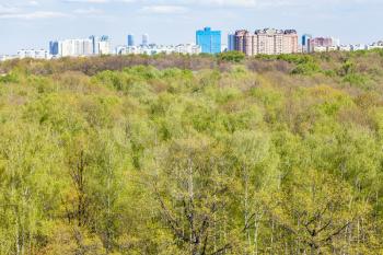 skyline with city park with lush green foliage in Moscow city in spring