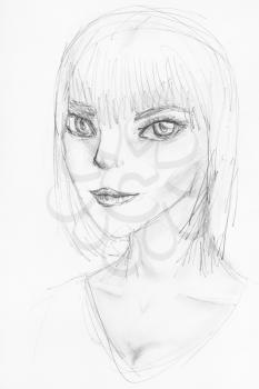 sketch of anthropomorphic girl with large eyes with hand-drawn by black pencil on white paper