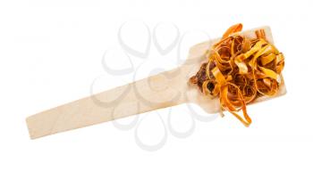 top view of portion of dried and chopped cayenne pepper isolated on white background