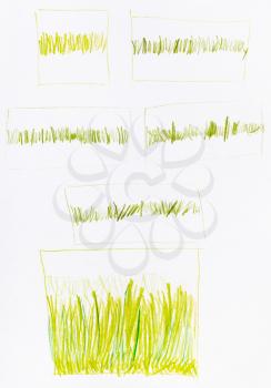 successive training sketches of sun-bleached grass hand-drawn by green and yellow pencils on white paper