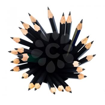 top view of many graphite pencils in round holder isolated on white background