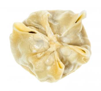 top view of single steamed Mongolian dumpling Buuz filled with minced meat isolated on white background