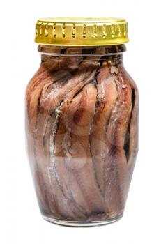 closed glass jar of canned anchovy fillets isolated on white background