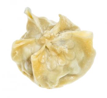 single cooked Mongolian dumpling Buuz filled with minced meat isolated on white background