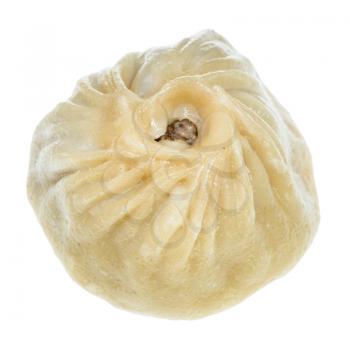 single cooked Mongolian dumpling Buuz filled with minced beef meat isolated on white background