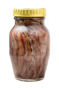 glass jar of canned anchovy fillets isolated on white background