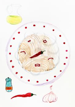 top view of Spaghetti aglio olio e peperoncino (Spaghetti with garlic, oil and chilli pepper) on plate hand-drawn by watercolors on white paper