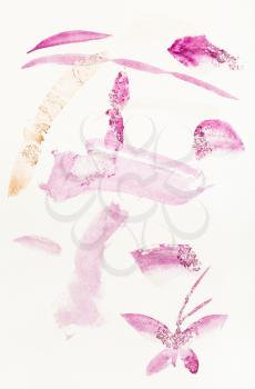training drawing in sumi-e (suibokuga) style with watercolor paints - purple brush strokes are hand drawn on creamy paper