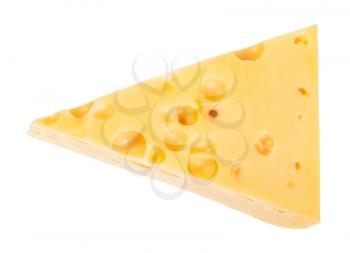 triangular piece of yellow semi-hard cow's milk swiss cheese with internal holes isolated on white background