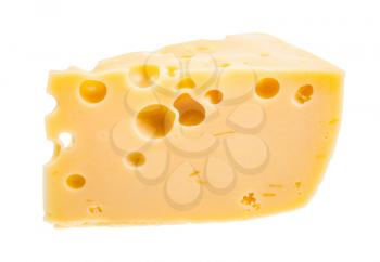 piece of yellow semi-hard cow's milk swiss cheese with internal holes isolated on white background