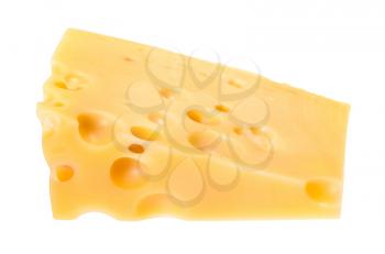 triangular piece of yellow medium-hard cow's milk swiss cheese with internal holes isolated on white background