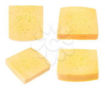 set from several pieces of yellow medium-hard cow's milk cheese isolated on white background