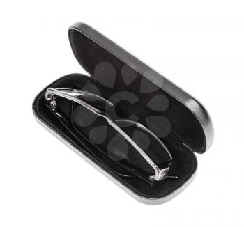 spectacles in black eyeglass case isolated on white background