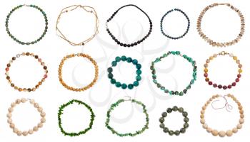 set of various round necklaces isolated on white background