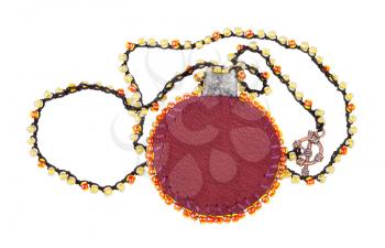 handcrafted necklace from thread with glass beads and blank round brown leather locket isolated on white background