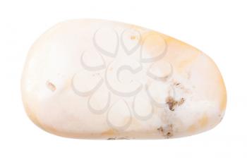 closeup of sample of natural mineral from geological collection - polished pink opal gemstone isolated on white background