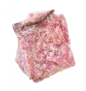closeup of sample of natural mineral from geological collection - rough Rhodonite rock isolated on white background