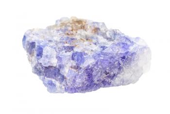 closeup of sample of natural mineral from geological collection - raw Tanzanite (blue violet zoisite) gemstone isolated on white background