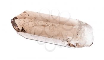 closeup of sample of natural mineral from geological collection - single crystal of smoky quartz isolated on white background