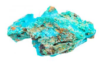 closeup of sample of natural mineral from geological collection - raw Chrysocolla rock isolated on white background