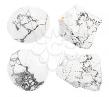 set of various Howlite gemstones isolated on white background
