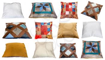 set of various handmade pillows isolated on white background