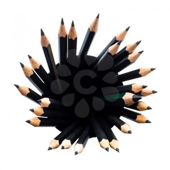 top view of many sharp graphite pencils in round holder isolated on white background