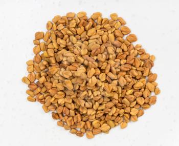 top view of pile of whole fenugreek seeds close up on gray ceramic plate