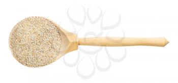 top view of wood spoon with rye bran isolated on white background
