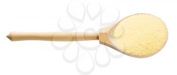 wooden spoon with uncooked durum wheat semolina isolated on white background