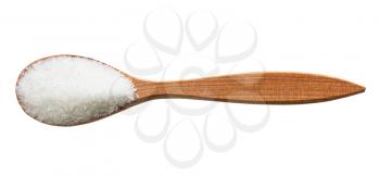 top view of white refined beet sugar in wood spoon isolated on white background
