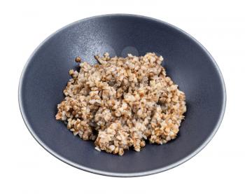 kasha from roasted buckwheat in gray bowl isolated on white background