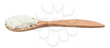 coconut flakes in wooden spoon isolated on white background