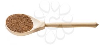 whole-grain teff seeds in wooden spoon isolated on white background