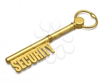 Security concept - golden key with security text made of gold isolated on white background
