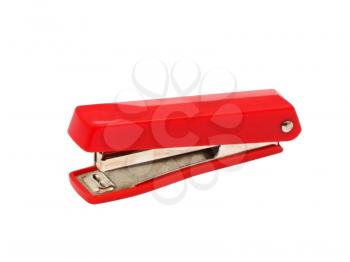 Red stapler isolated on white background.