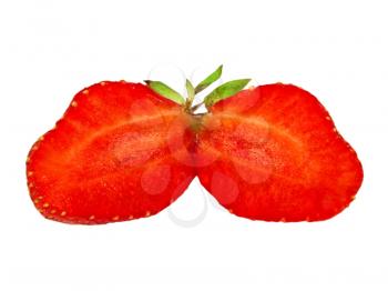 Sliced juicy strawberry taken closeup isolated on white background.