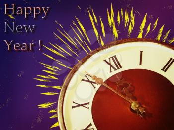 Clock face and yellow firework taken closeup on blue background.Eve of new year.