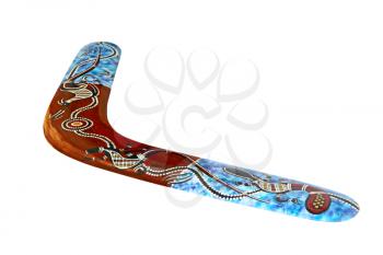 Multicolored australian boomerang isolated on white background taken closeup.