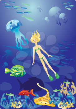 Diving in Red Sea - girl and fishes