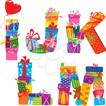 IJKLM - english alphabet - letters are made of gift boxes and presents